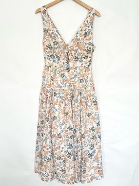 Joie Floral Midi Dress Fit Flare Pockets Feminine Cottagecore Size 6 White Blue
